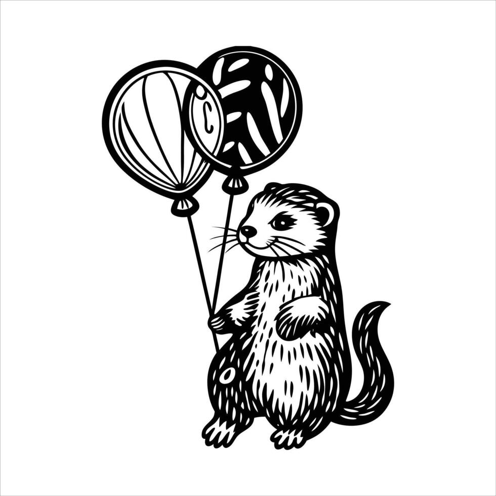 Cute ferret floating on a cloud with red heartshaped balloons vector