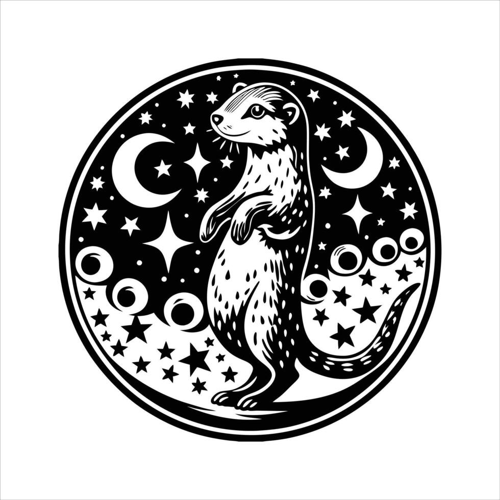 Twilight Whiskers BlackFooted Ferret Under Celestial Lights vector
