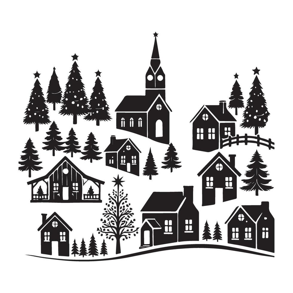 Silhouette Illustration of a Festive Winter Village vector