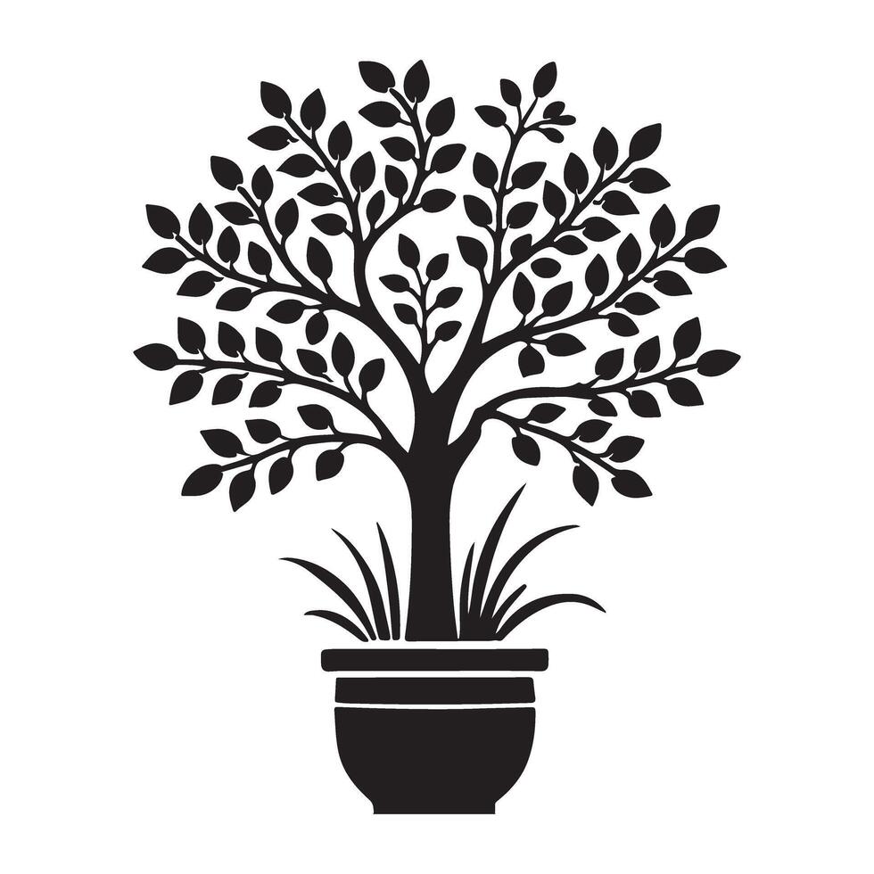 Silhouette Illustration of a Potted Tree with Lush Foliage vector