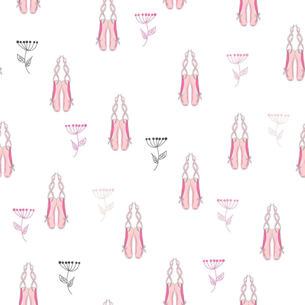 Seamless pattern with ballet pointe shoes and additional elements, imitation of a sketch, watercolors. vector