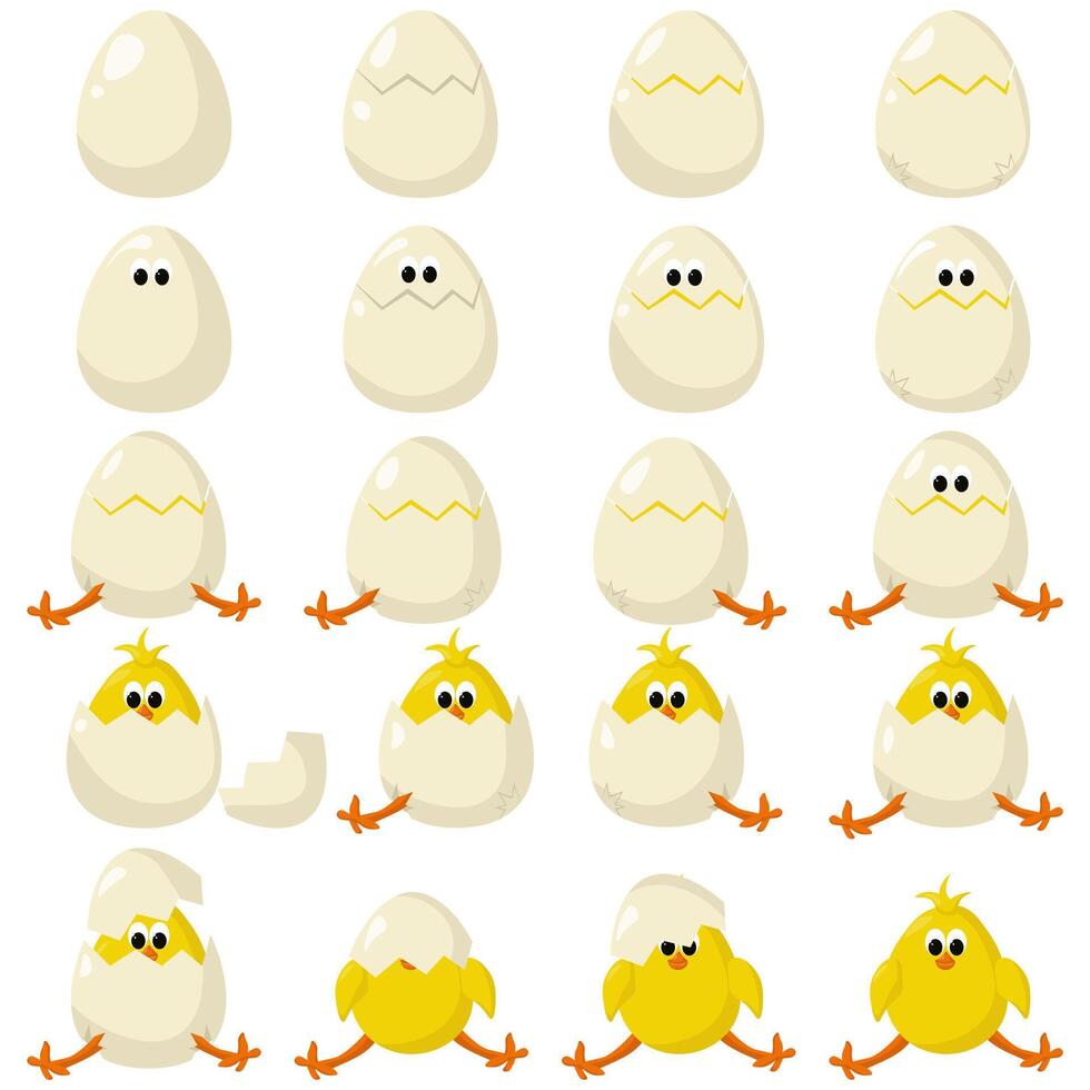 Set of Easter eggs and chicks funny egg in doodle style withcracks and peeking chicks for holiday design vector