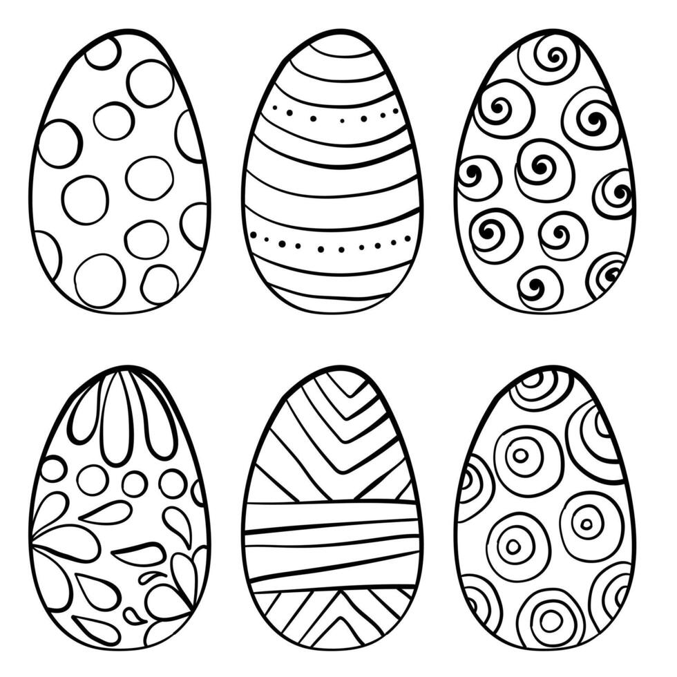 Set of outline Easter eggs, coloring page with simple hand drawn doodle patterns vector