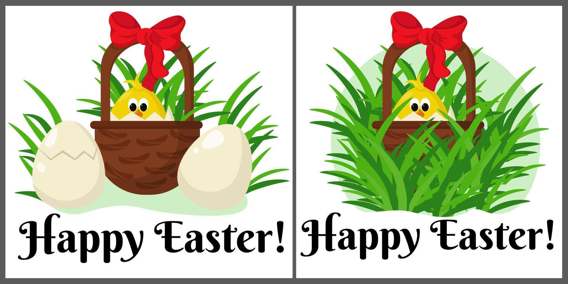 Set of postcards with an Easter chicken in a basket in thick grass vector