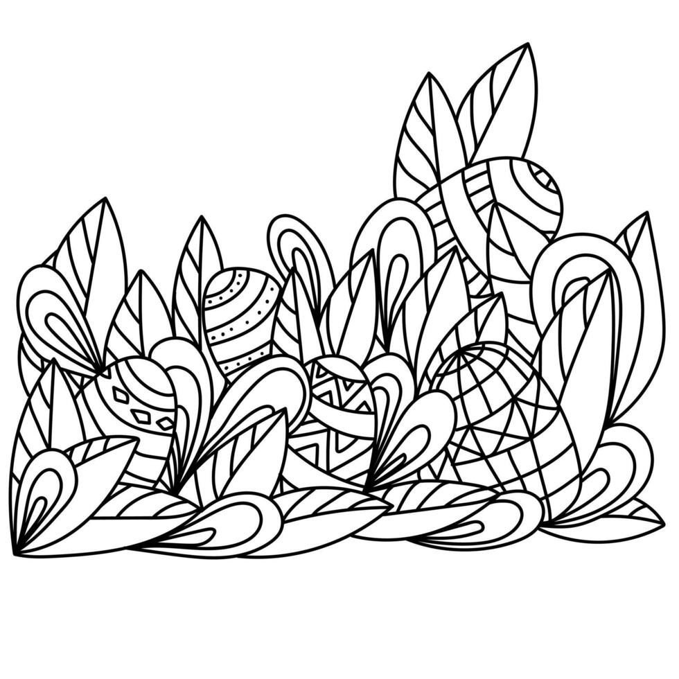 Coloring page Hunt for Easter eggs, fantasy doodle leaves, swirls and eggs outline vector