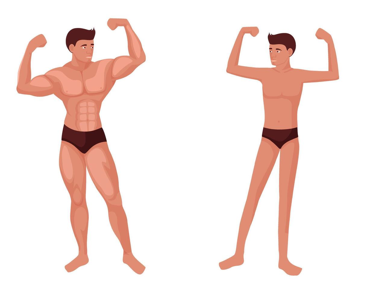 Muscular and weak man. Powerful bodybuilder stands opposite thin character vector