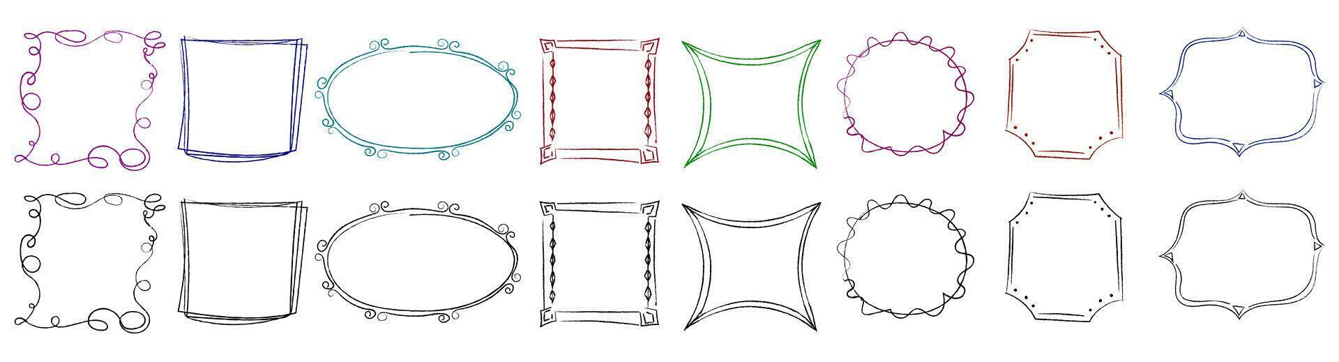 Doodle decoration frames set. Black geometric sketch frame banner vector