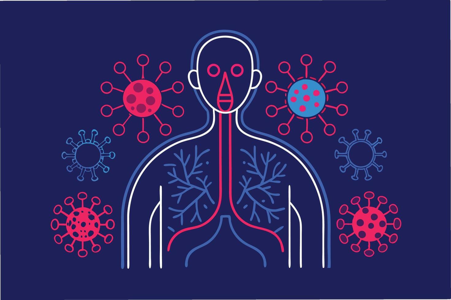 Stylized human respiratory system outline with hmpv and covid virus particles spreading, blue and red medical infographic style hmpv and covid virus Clipart vector