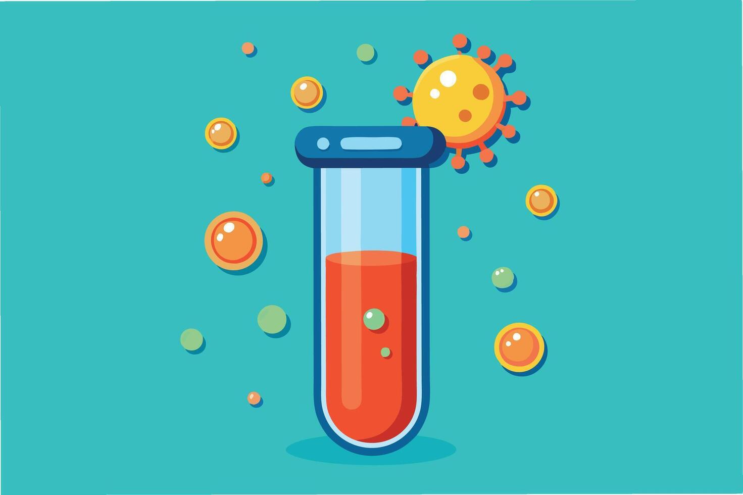 Lab test tube animation, with liquid bubbling and hmpv and covid virus particles floating out, clean style hmpv and covid virus Clipart vector