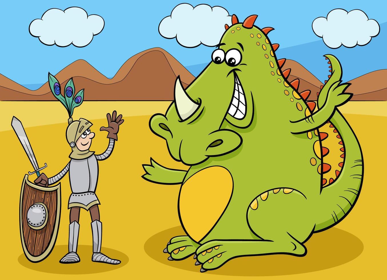 cartoon dragon and knight fantasy characters having a friendly talk vector