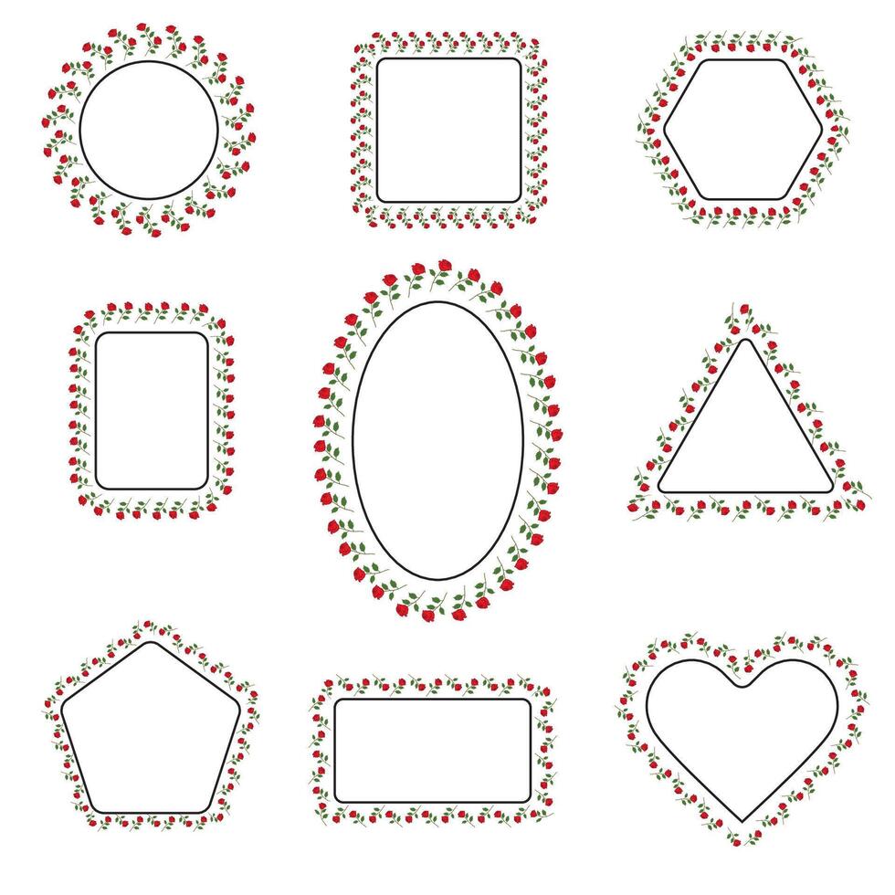 Minimalist Rose Flower Frames in Various Geometric Shapes for Valentine's Day and Romantic Designs vector