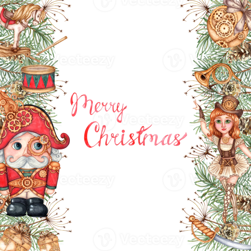 Nutcracker with fir branches, pine cones, watercolor illustration. Forest plants for winter Christmas and New Year decoration isolated from background. Banner, frame, border png