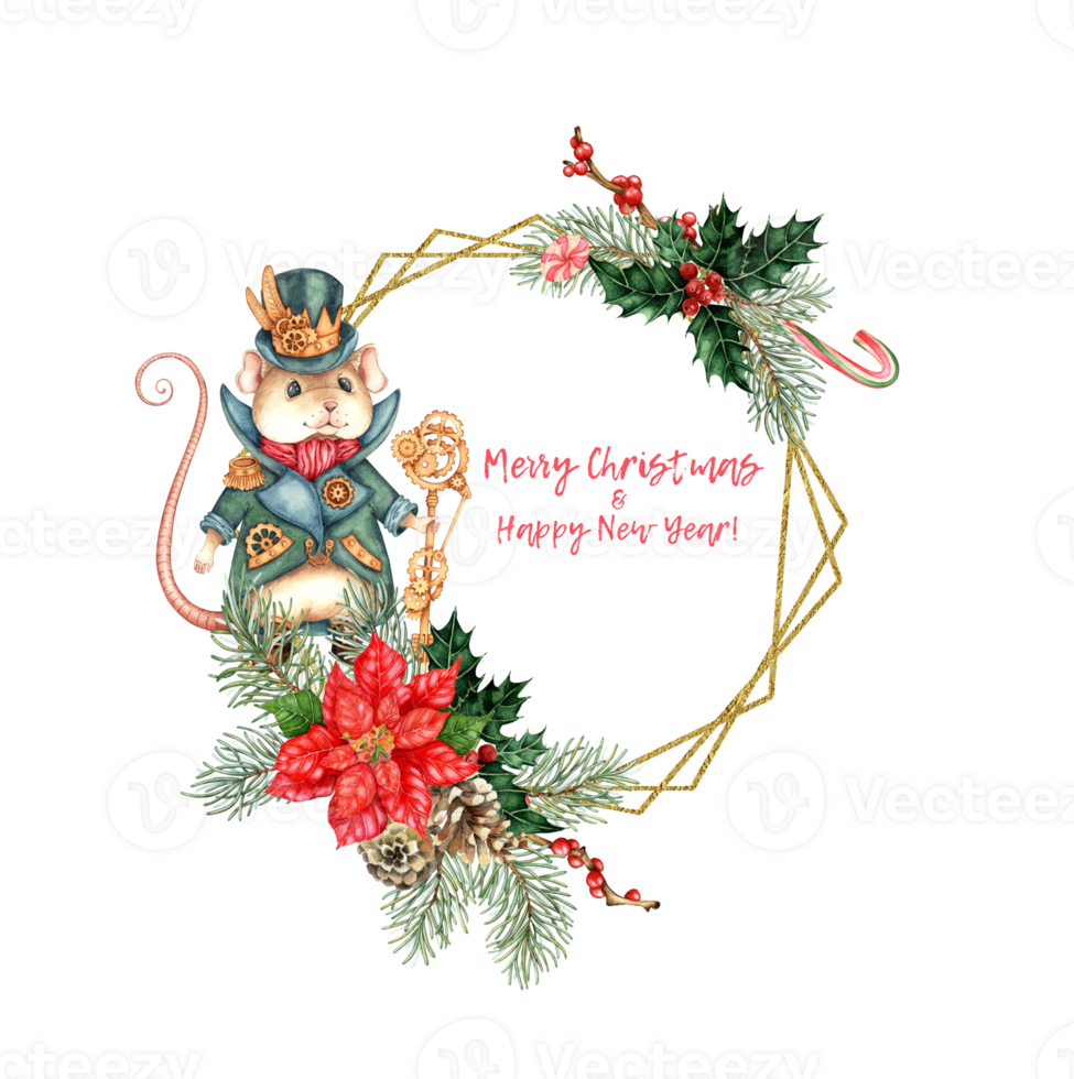 Steampunk nutcracker and mouse king fir wreath with holly, red berries, caramel, poinsettia watercolor illustration. Christmas, New Year decorations isolated from background. Hexagonal geometric frame png