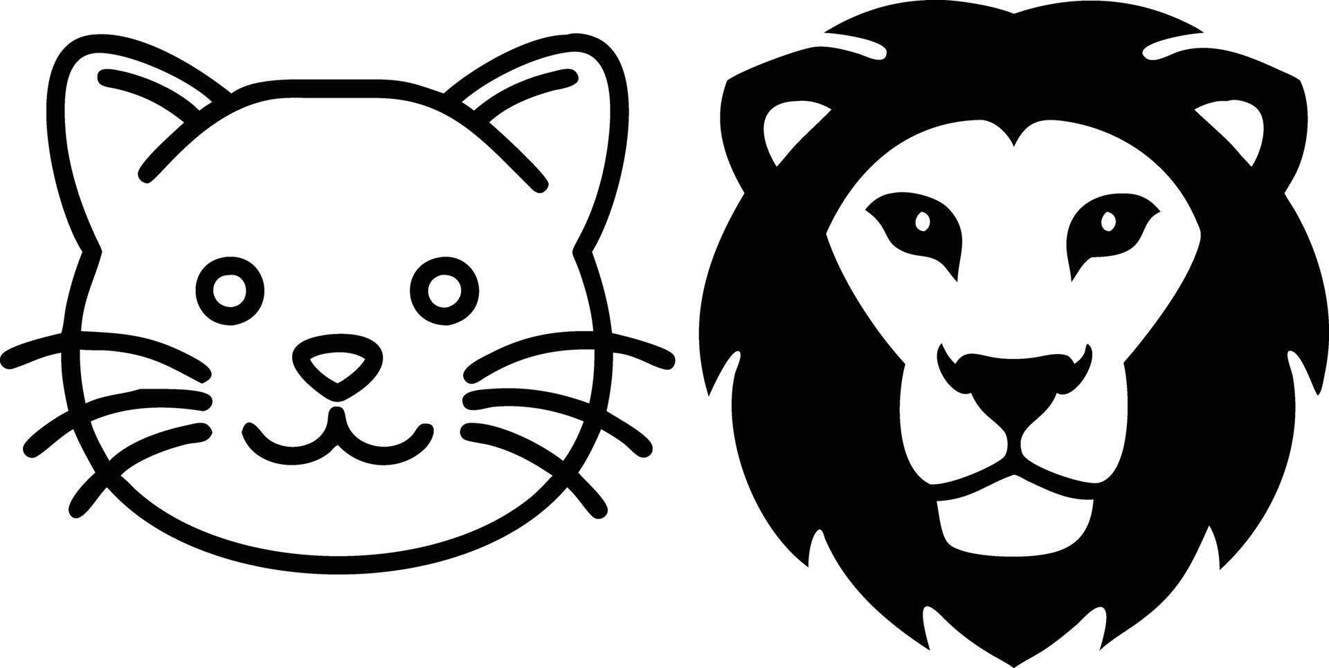 Cute cartoon cat and lion faces in black and white vector