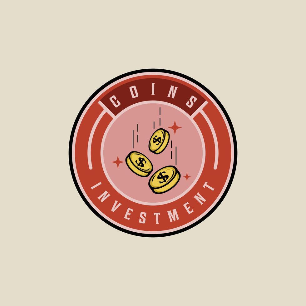 coins fall emblem logo color illustration template icon graphic design. gold investment sign or symbol for business finance concept with circle badge label typography vector