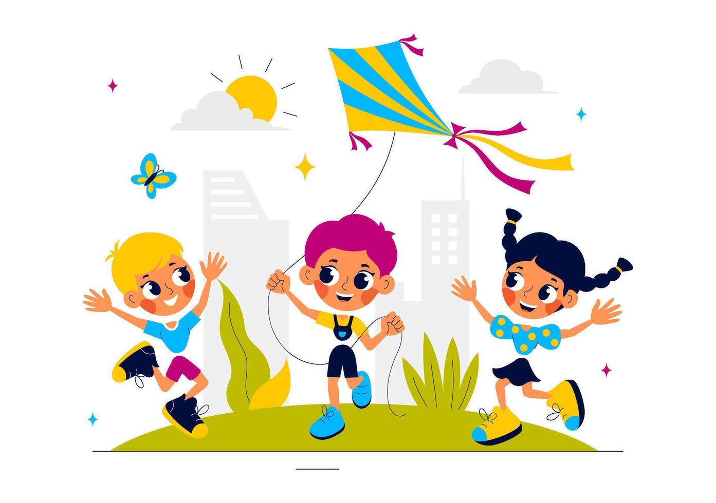 Summer Holiday with People Playing Kites Outdoors in a Happy Flat Cartoon Design vector