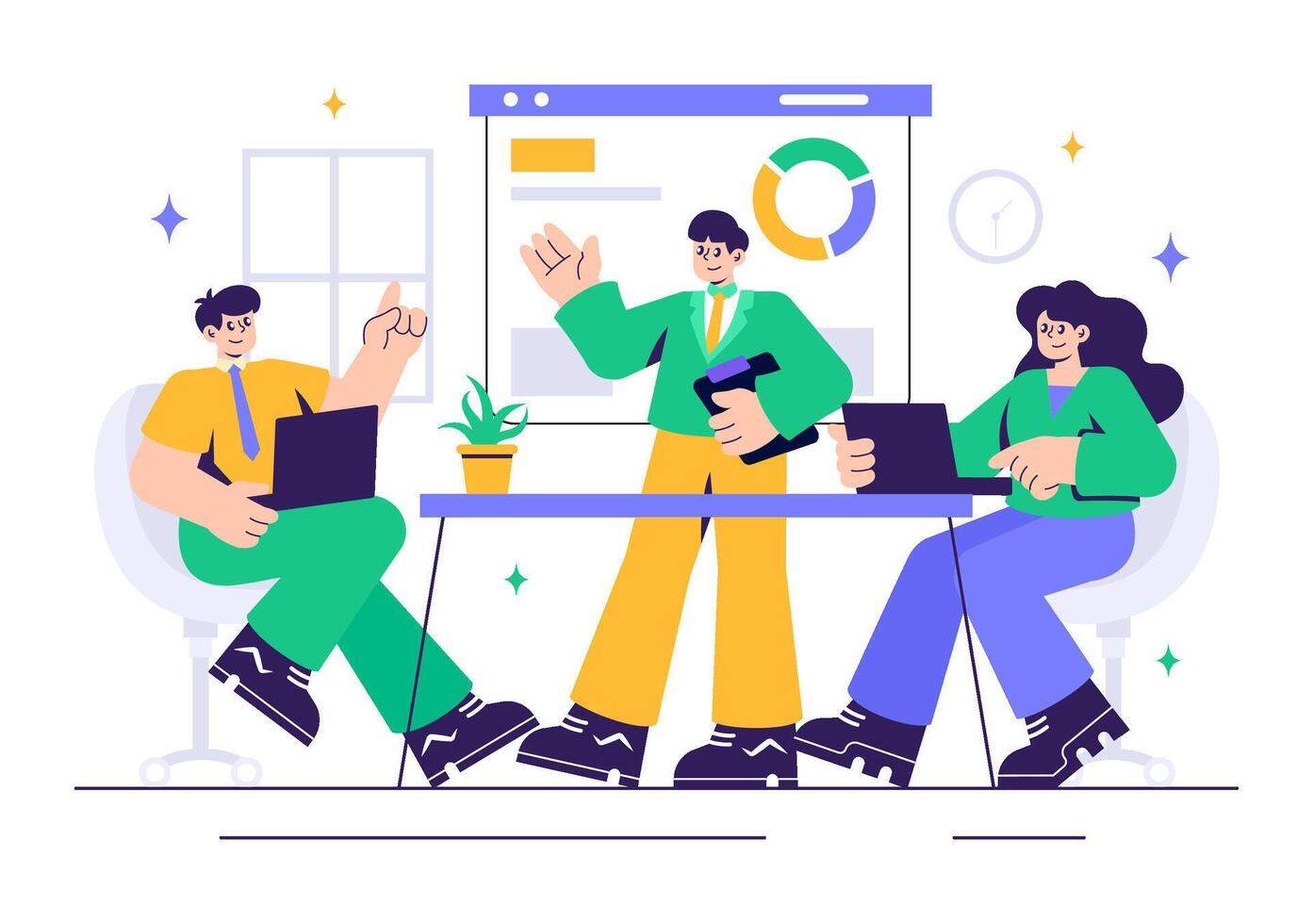 City Council Meeting Scene with Effective Business Team Brainstorming in Flat Cartoon Style vector