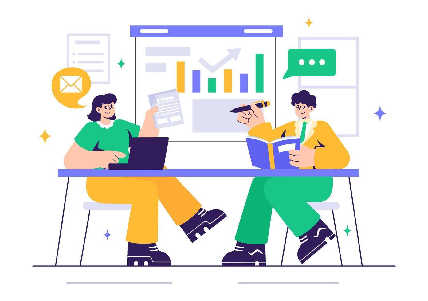 Flat Cartoon Illustration of a City Council Meeting with Professional Team Collaboration vector