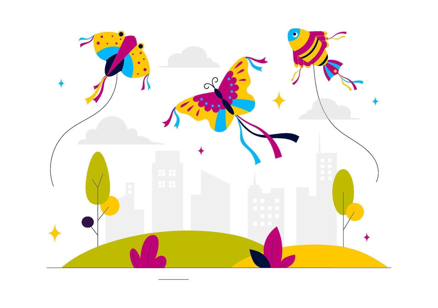 Joyful Summer Activities with People Playing Kites in a Flat Cartoon Design vector
