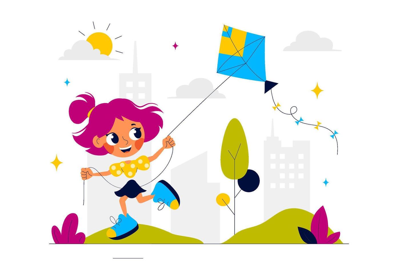 Joyful Kite Flying Activity Illustration for Summer Outdoor Adventures in a Flat Background vector