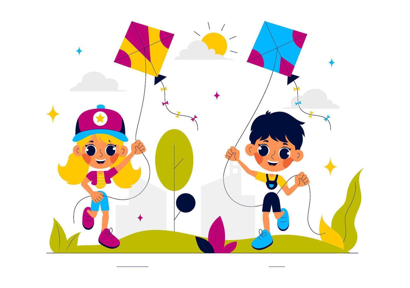 Flat Cartoon of People Flying Kites in the Summer for Joyful Holiday Activities vector