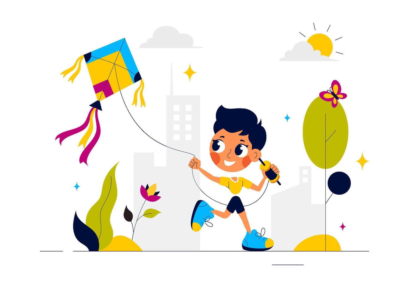 Happy Outdoor Activities Featuring Kite Flying in Summer Vacation Flat Style Illustration vector