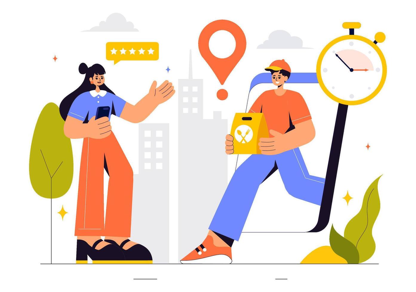 Online Food Delivery Service Illustration with Mobile App Ordering and Quick Delivery in a Flat Background vector