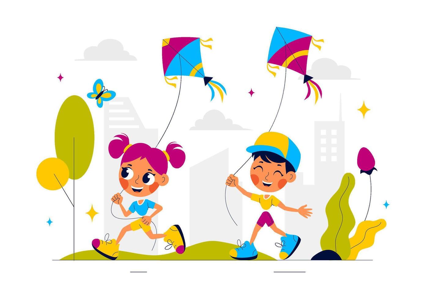 Illustration of Joyful People Flying Kites for Summer Holiday Fun in a Flat Cartoon Background vector