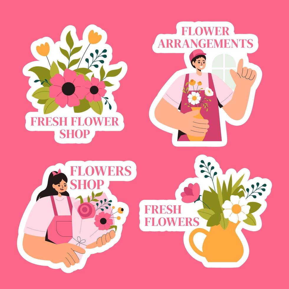Illustration of a Florist Designing Gift Bouquets with Hand-Drawn Flat Label Background vector