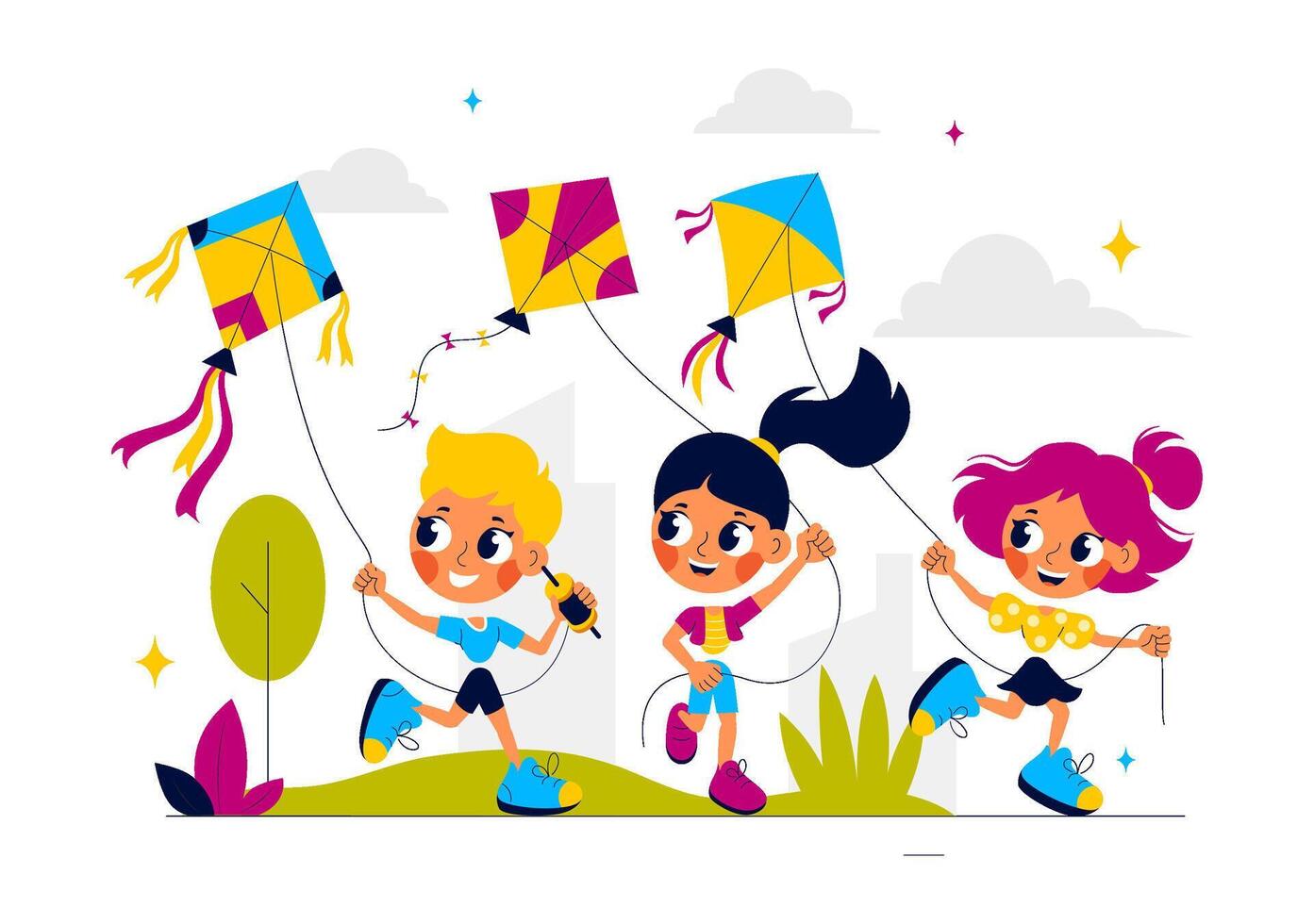 Flat Style Cartoon of Kite Flying Activities for Summer Holidays and Outdoor Fun vector