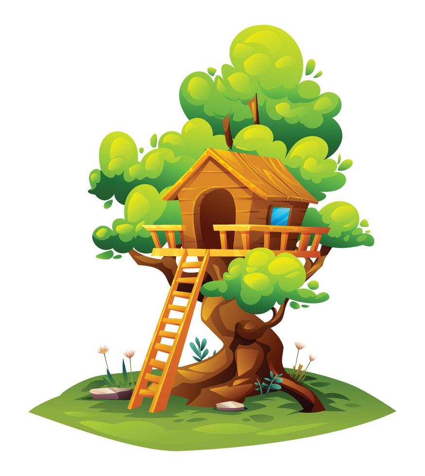 Rustic tree house with a wooden ladder surrounded by greenery and flowers. Cartoon illustration vector