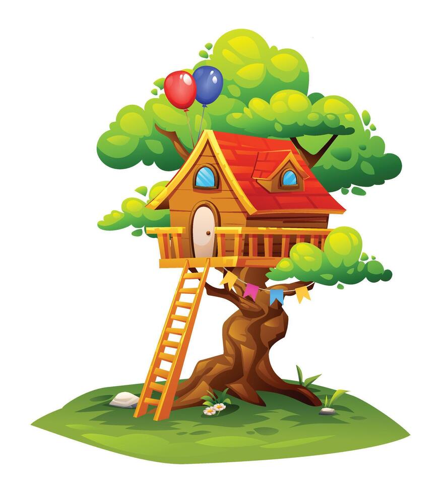 Charming tree house with red roof, balloons, and colorful decorations. Cartoon illustration vector