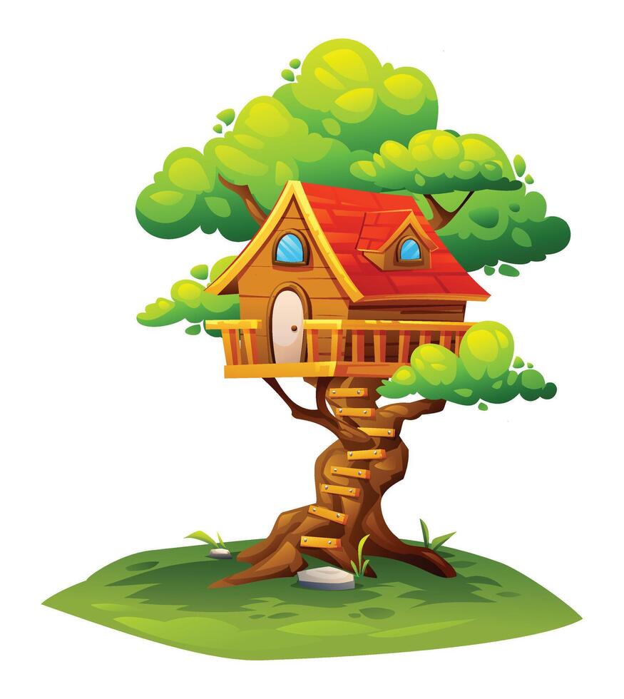 Tree house with red roof and spiral wooden stairs. House on tree, children playground. Cartoon illustration vector
