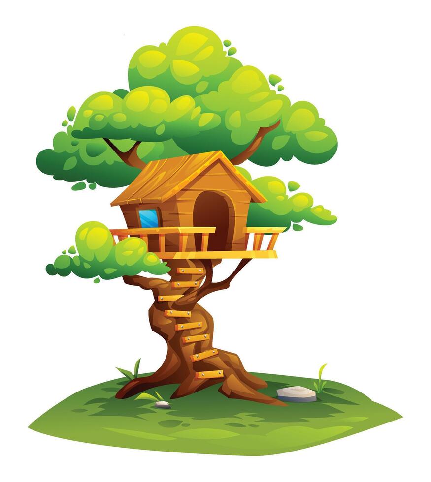 Charming tree house with spiral wooden ladder. House on tree, children playground. Cartoon illustration vector