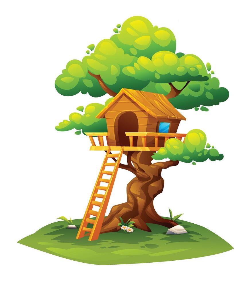 Wooden tree house with ladder. House on tree, children playground. Cartoon illustration vector