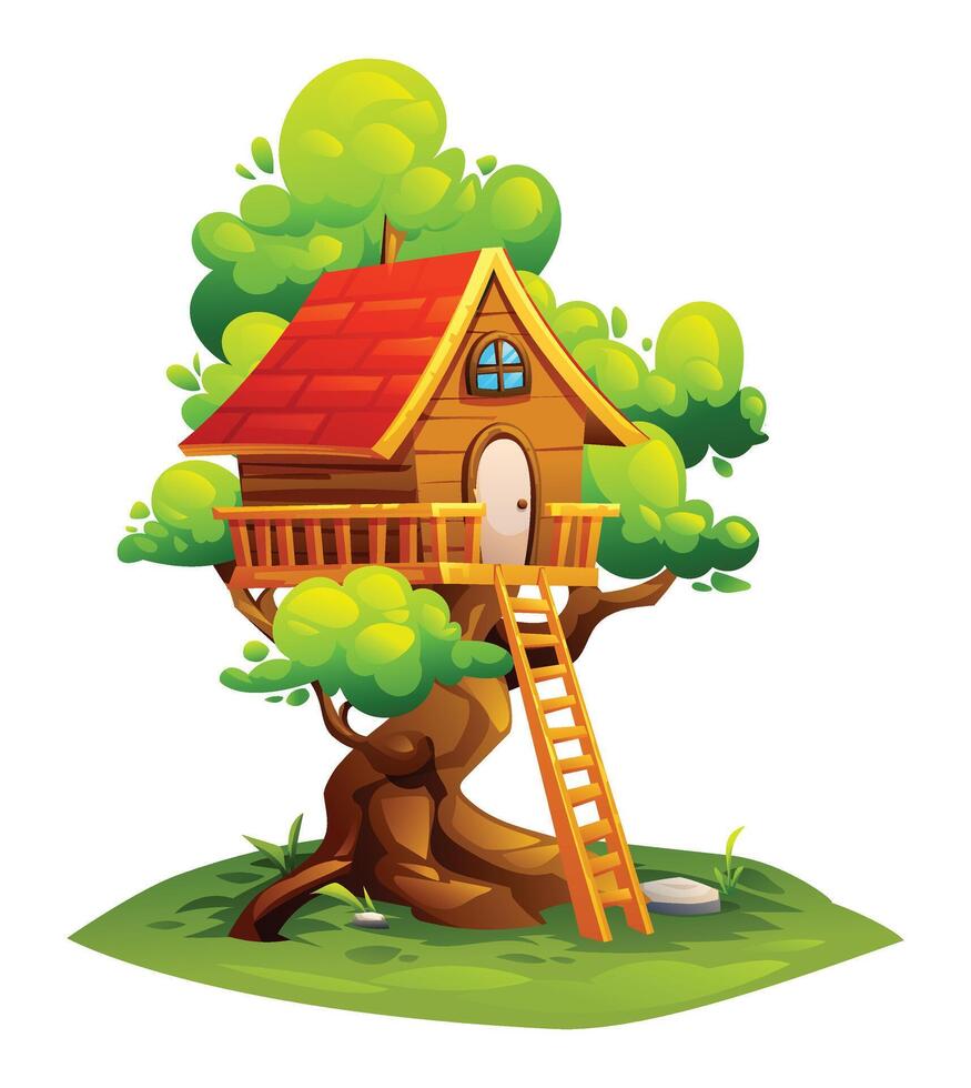 Tree house with red roof, wooden ladder. House on tree, children playground. Cartoon illustration vector