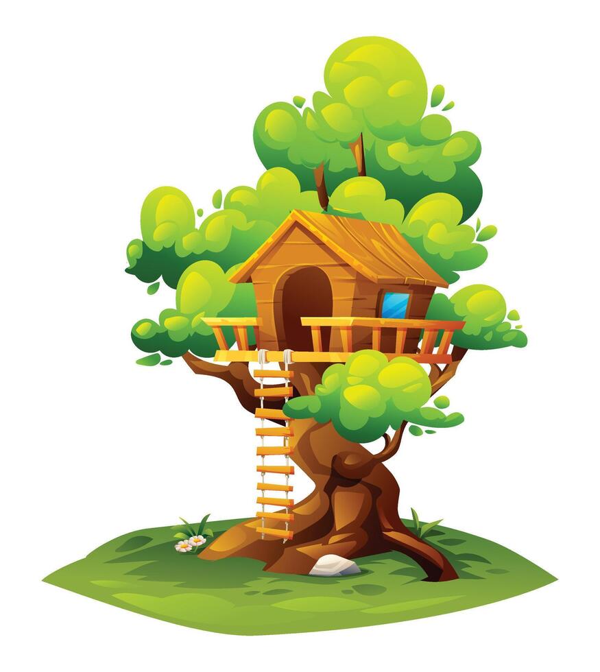 Rustic tree house with rope ladder. House on tree, children playground. Cartoon illustration vector