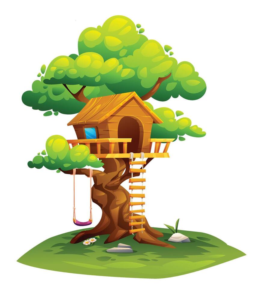 Tree house with wooden ladder and a swing in lush greenery, perfect for outdoor fun. Cartoon illustration vector