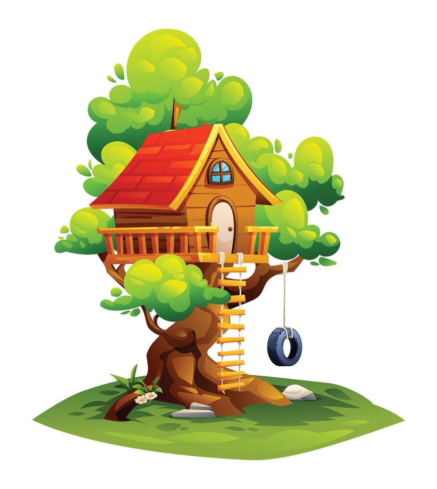 Tree house with ladder, tire swing, and greenery, perfect for outdoor fun. Cartoon illustration vector