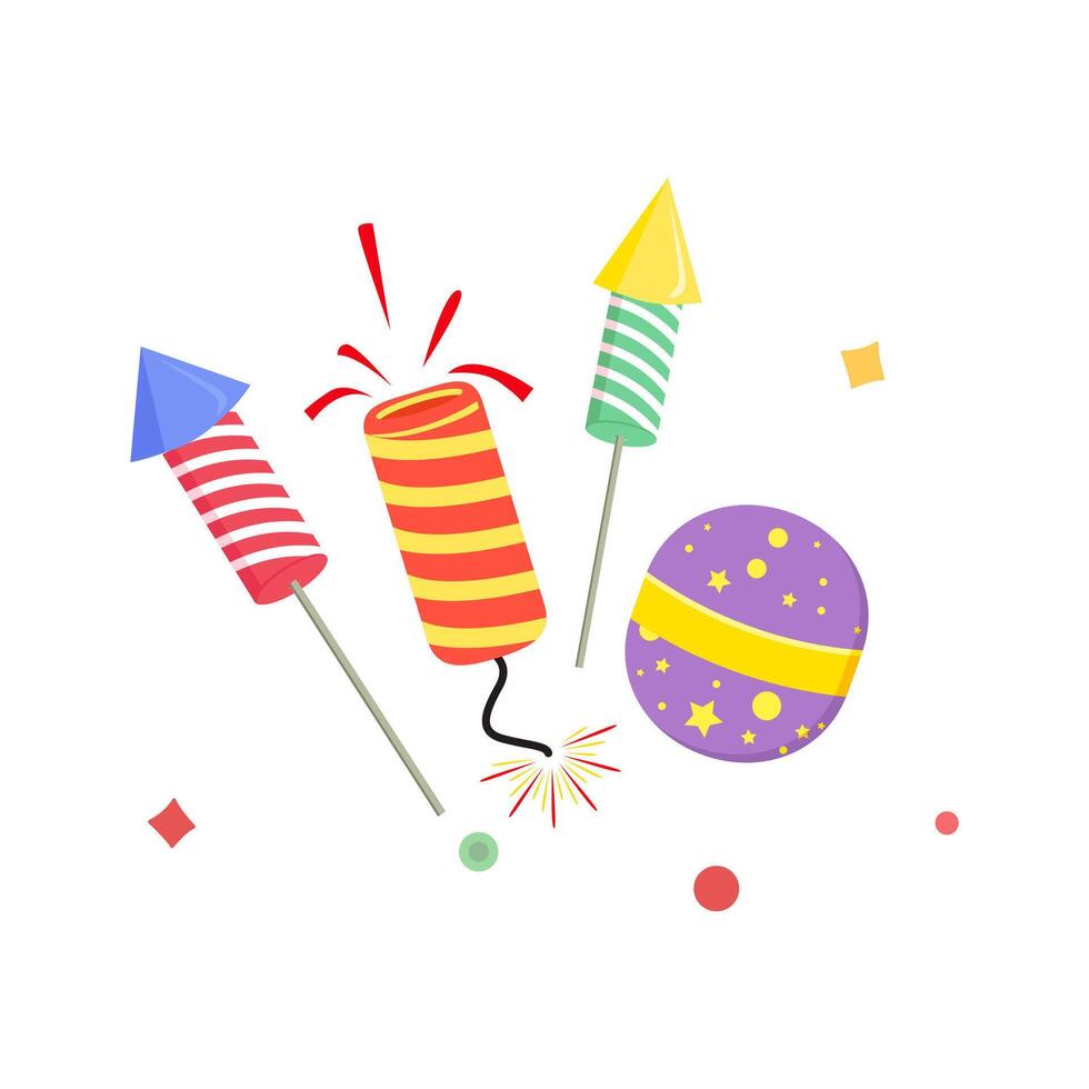 flat colorful firecracker for Chinese Spring Festival to set off, red, yellow, orange, green, purple, blue fireworks cartoon element illustration, Chinese New Year celebration vector