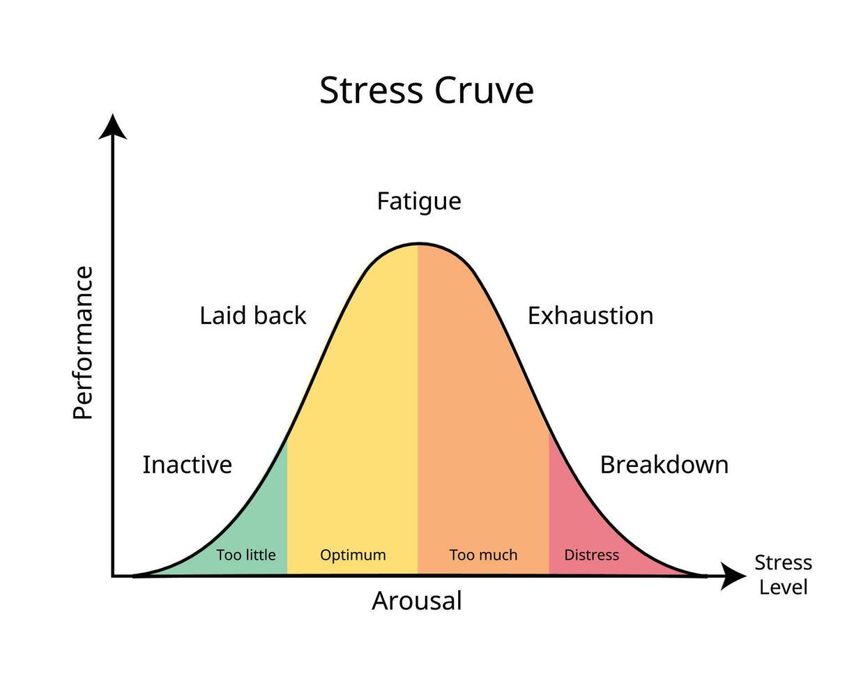 stress Level graph from too little arousal to distress and feel anxiety, exhaustion, breakdown vector