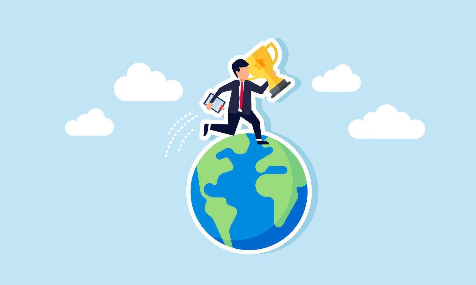 A businessman running around the globe carrying a trophy and a work board, illustration of plans to become a global business leader targeting a leading company vector