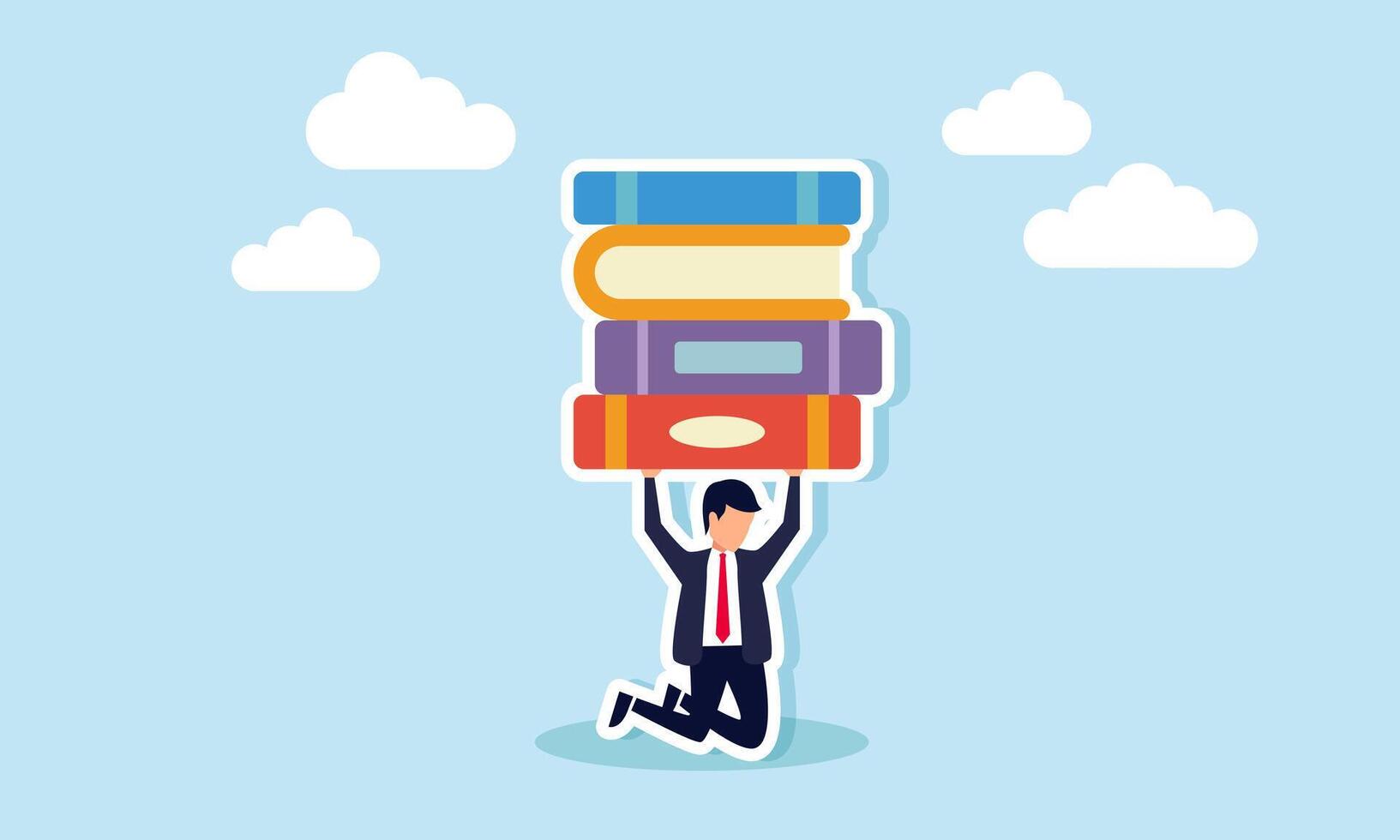 A businessman lifting a heavy stack of books, illustration of an overwhelming business project report burden. Illustration for your presentation and article vector