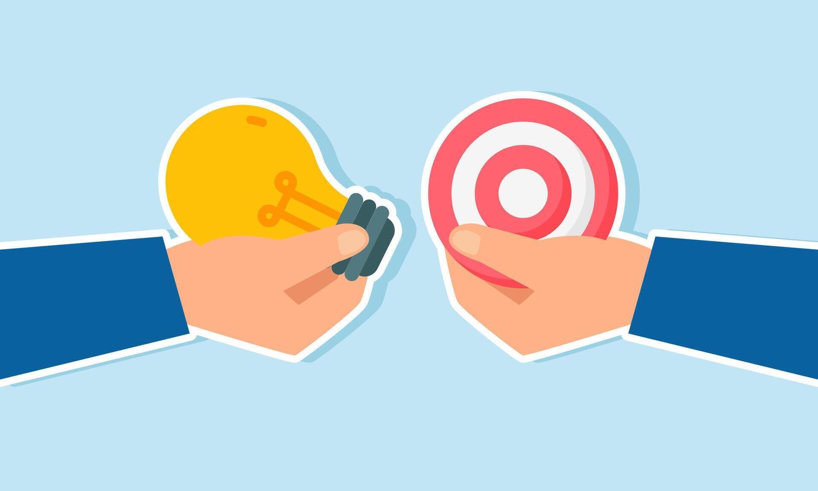 Two hands intending to exchange items, the first hand holds a lamp and the second holds a target board, illustration of an idea for business target efficiency and effectiveness vector