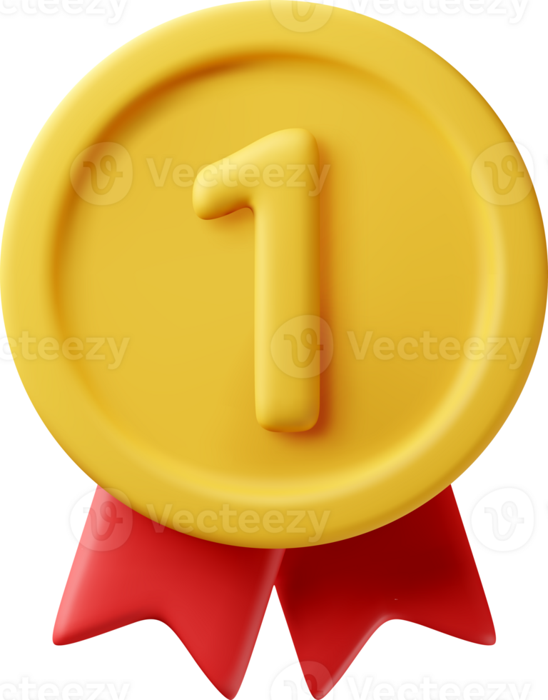 3d front golden medal with red ribbons png