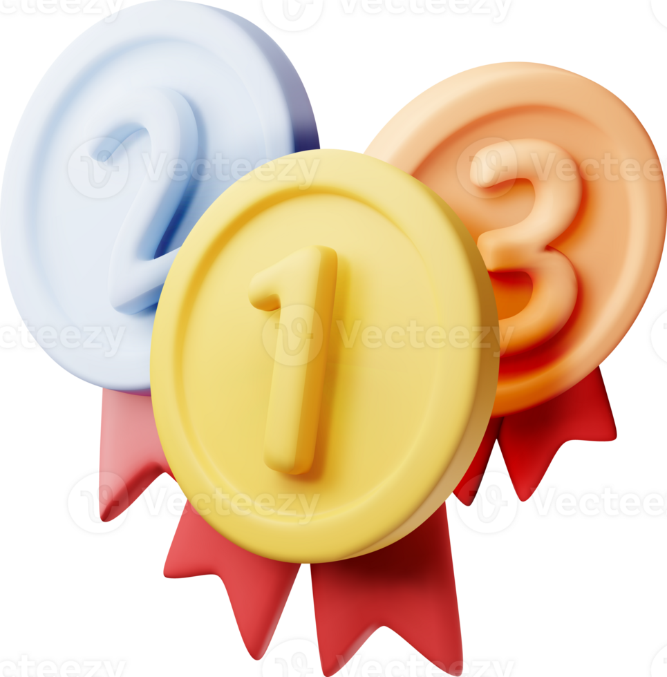 3d set of medals with red ribbons symbol png