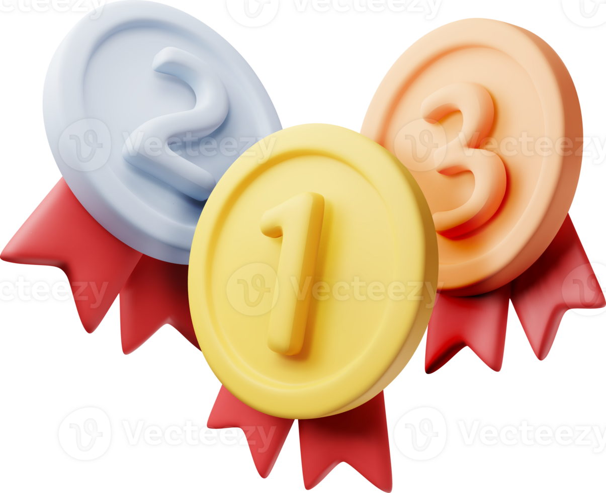 3d set of medals with red ribbons icon png