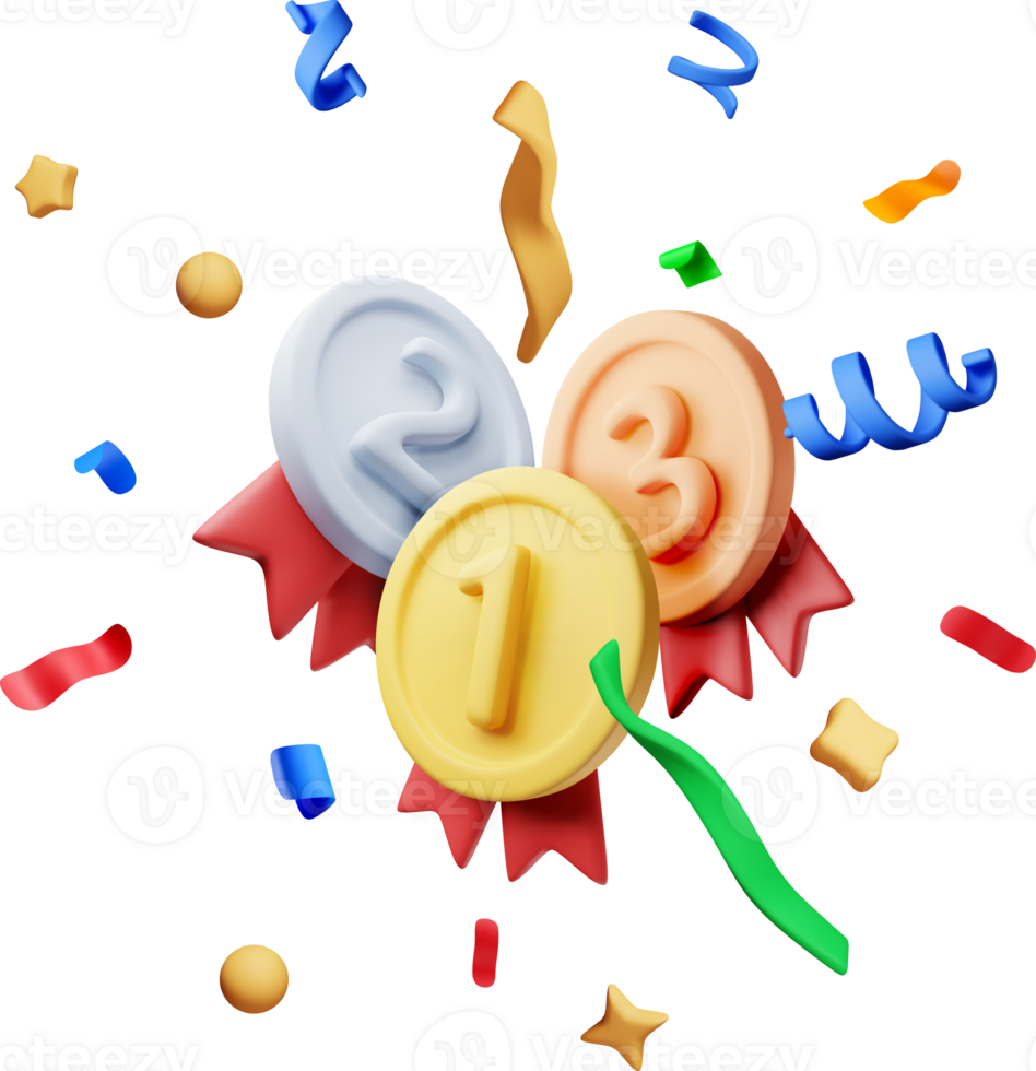 3d medals with red ribbons in confetti. png