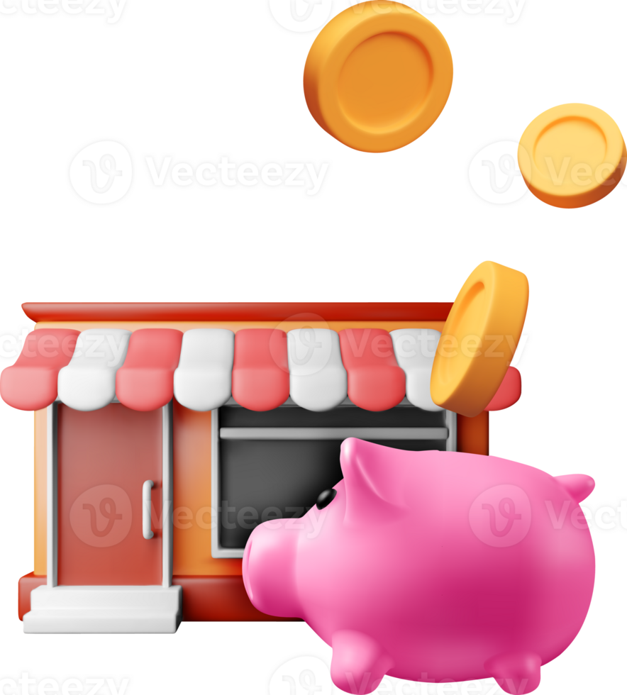 3D franchising shop with piggy bank and coins. png