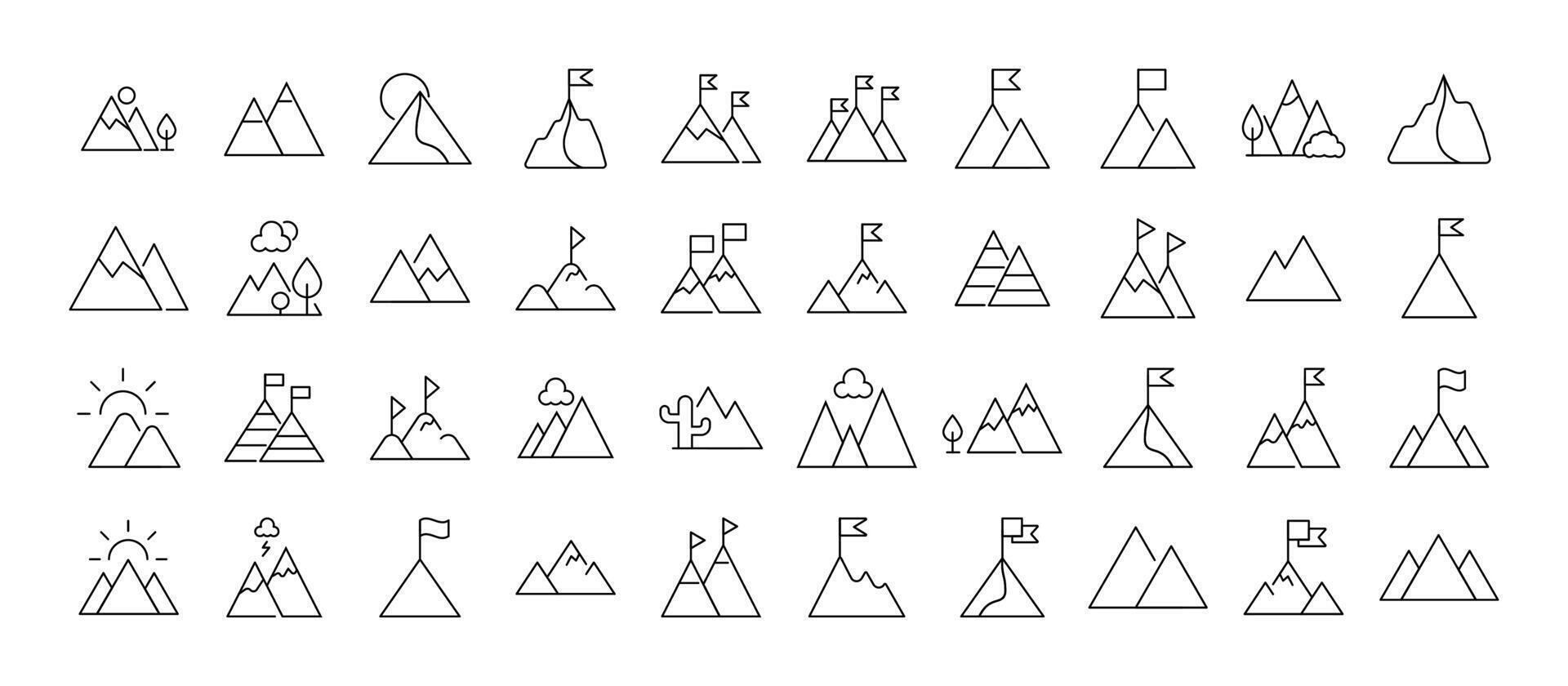 Collection of Line Icons of mountains as symbol of travel and hiking for Adverts. Suitable for books, stores, shops. Editable stroke in minimalistic outline style. Symbol for design vector